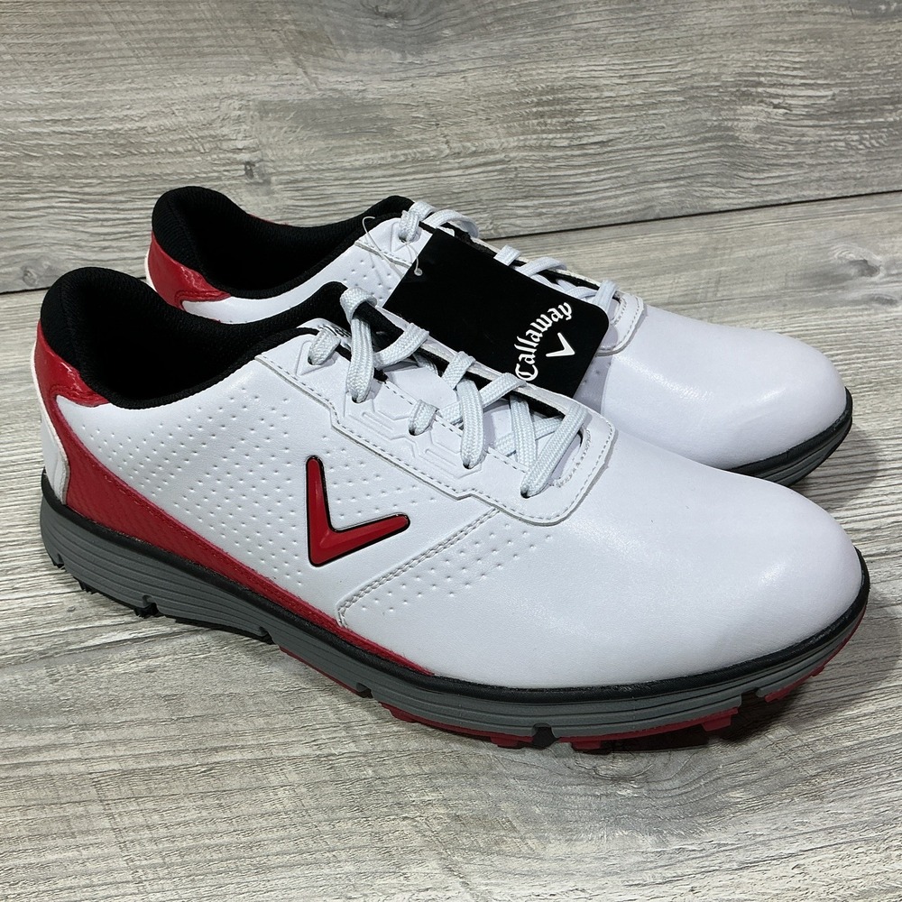 Callaway Mens Size 10 "Balboa" White/Red/Black Golf Cleats Spikeless CG103WRD